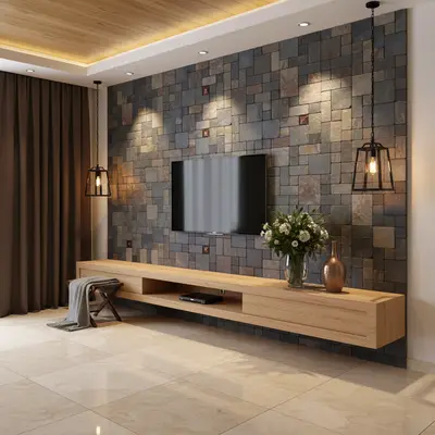 Modern TV unit with stone cladding accent wall, light oak laminate cabinet, and beige marble floor tiles in Bengaluru