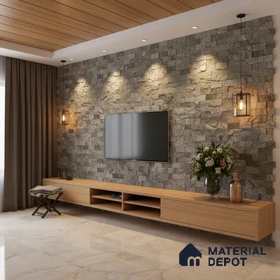 Modern TV unit with stone cladding accent wall, oak wood laminate cabinet, and marble floor tiles in Bengaluru