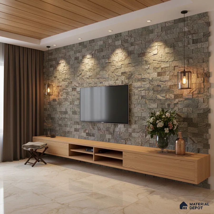 Modern TV unit with stone cladding accent wall, oak wood laminate cabinet, and marble floor tiles in Bengaluru