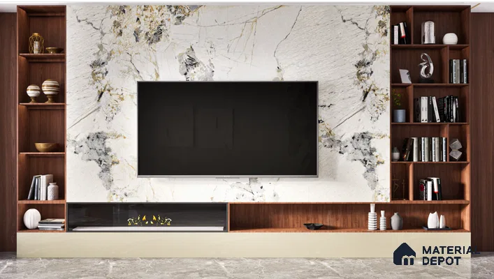 Modern TV Unit With Beige Textured Marble Laminate And Gold Accents | Material Depot