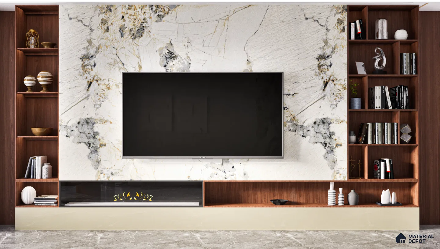 Modern TV Unit With Beige Textured Marble Laminate And Gold Accents | Material Depot