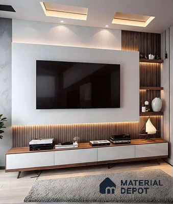 Modern Tv Unit With Vertical Fluted Panels And Ambient Lighting Accents | Material Depot