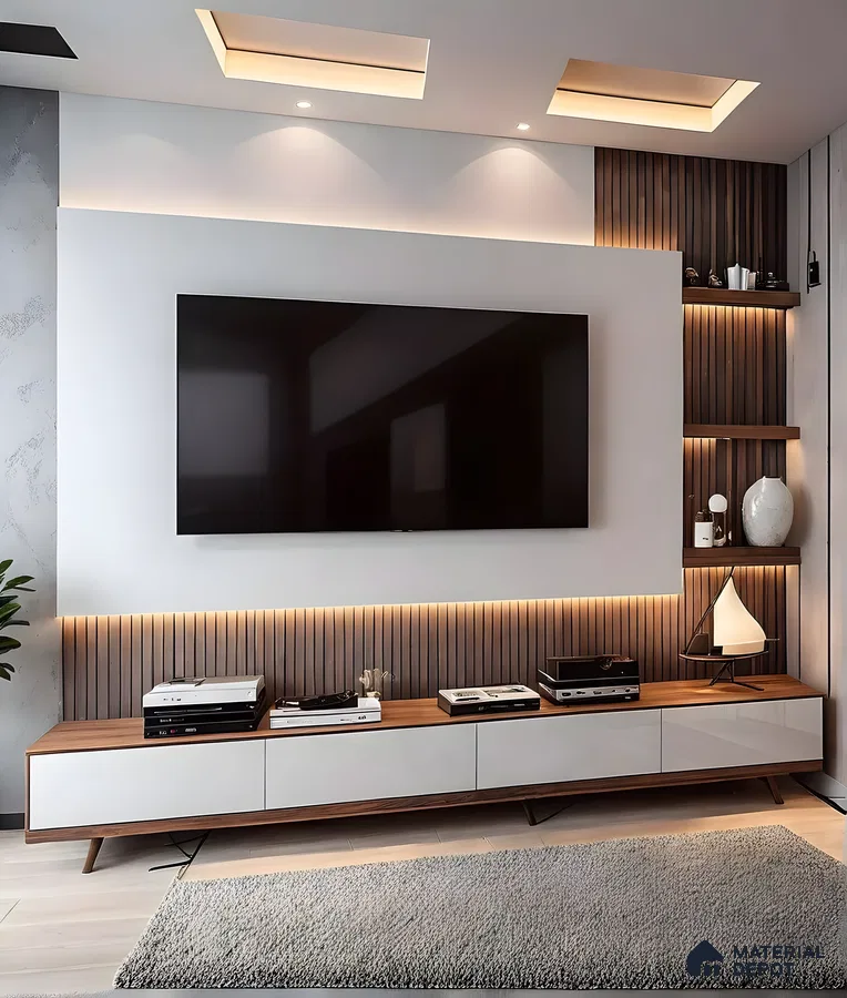 Modern Tv Unit With Vertical Fluted Panels And Ambient Lighting Accents | Material Depot