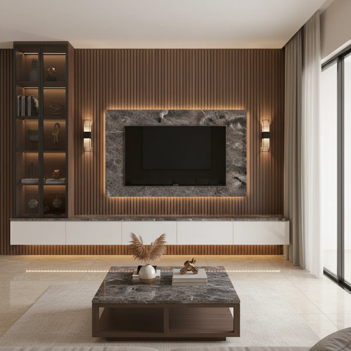 Modern TV unit with walnut fluted wall panels and grey marble laminate ...