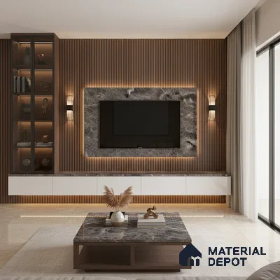 Modern living room with white marble laminate TV wall and walnut brown fluted panel in Bengaluru