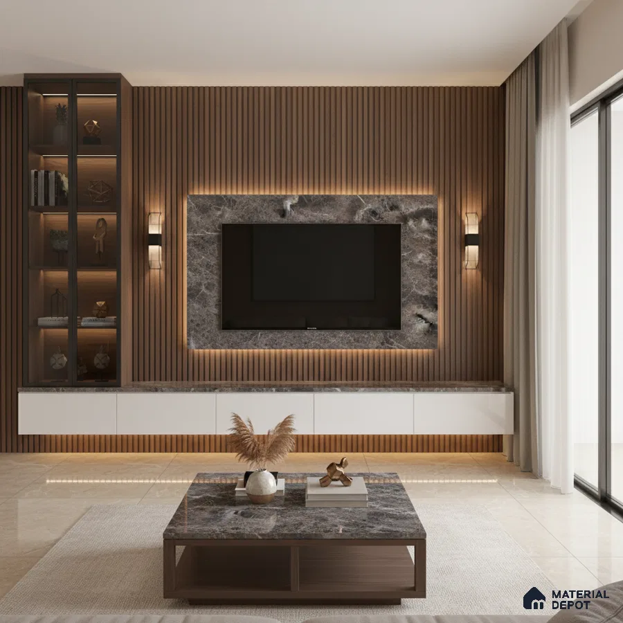 Modern living room with white marble laminate TV wall and walnut brown fluted panel in Bengaluru