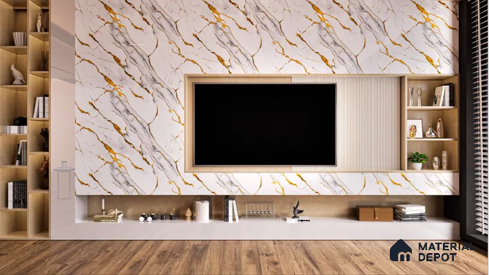 Modern TV Unit With Textured Marble Laminate For Living Room | Material Depot