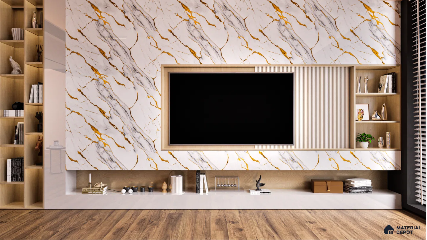 Modern TV Unit With Textured Marble Laminate For Living Room | Material Depot