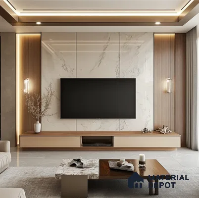 Modern TV Unit With White Marble Laminate And Light Wood Panels | Material Depot