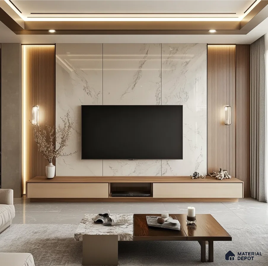 Modern TV Unit With White Marble Laminate And Light Wood Panels | Material Depot