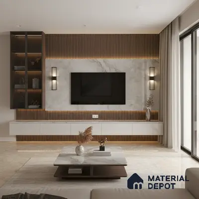 Modern living room with white marble laminate TV wall, walnut wood louvers, and beige marble floor tiles in Bengaluru