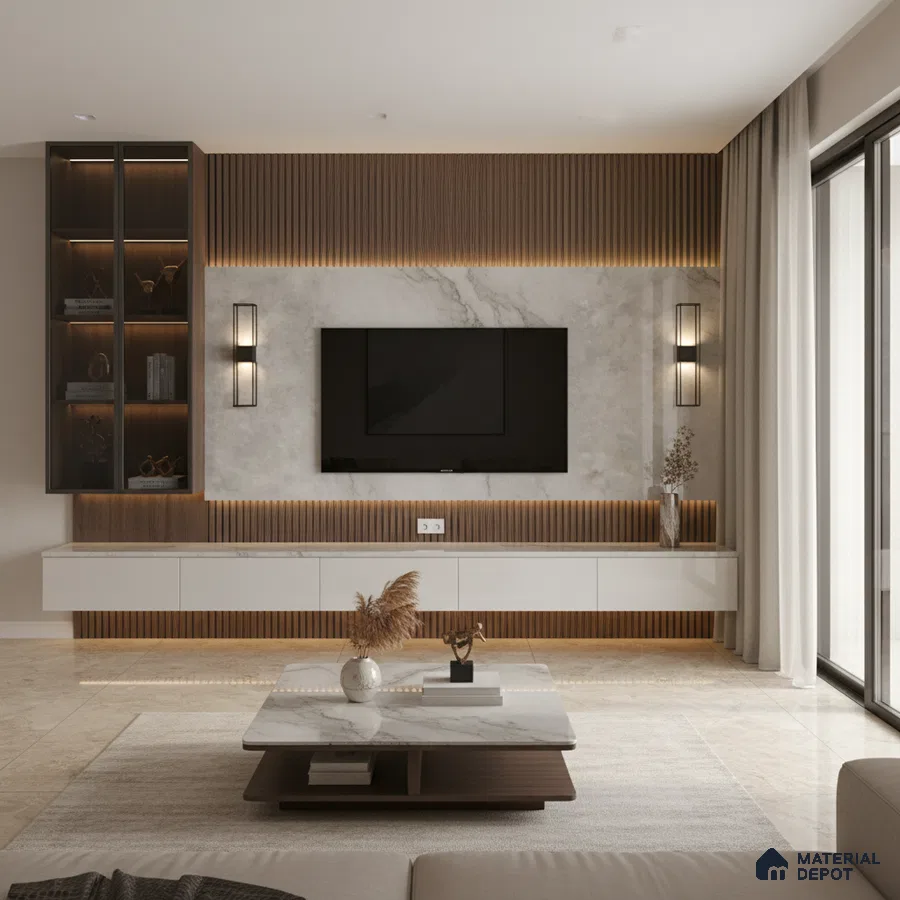 Modern living room with white marble laminate TV wall, walnut wood louvers, and beige marble floor tiles in Bengaluru