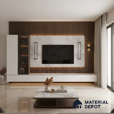 Modern living room with grey marble accent wall, wooden fluted panels, and beige marble floor tiles in Bengaluru