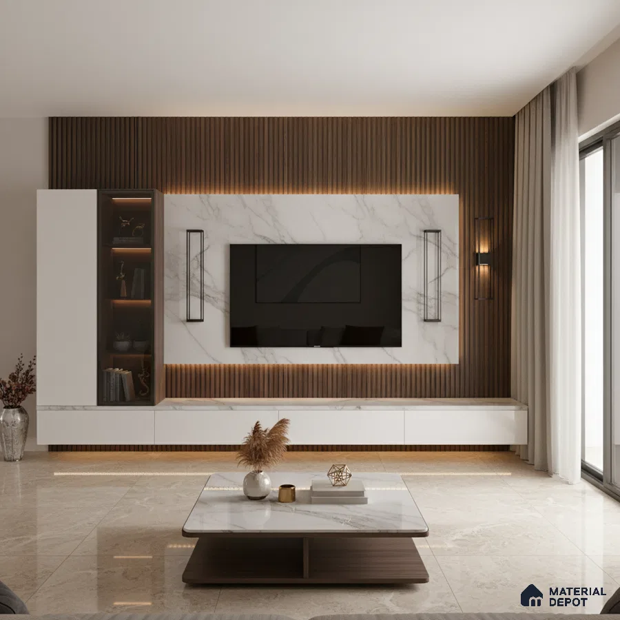 Modern living room with grey marble accent wall, wooden fluted panels, and beige marble floor tiles in Bengaluru