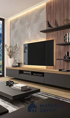 Modern Tv Unit With Wood Slatted Panels, Concrete Accent Wall, And Grey Cabinets | Material Depot