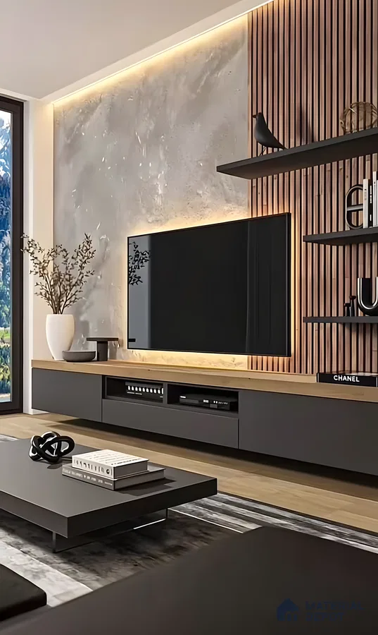 Modern Tv Unit With Wood Slatted Panels, Concrete Accent Wall, And Grey Cabinets | Material Depot