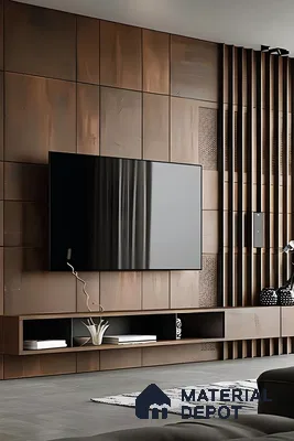 Modern TV Unit with Wood-Paneled Accent Wall and Sleek TV Console | Material Depot