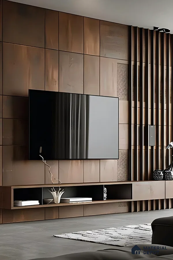 Modern TV Unit with Wood-Paneled Accent Wall and Sleek TV Console | Material Depot