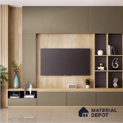 Modern TV Unit with Wooden Laminate and Open Shelving for Living Room | Material Depot