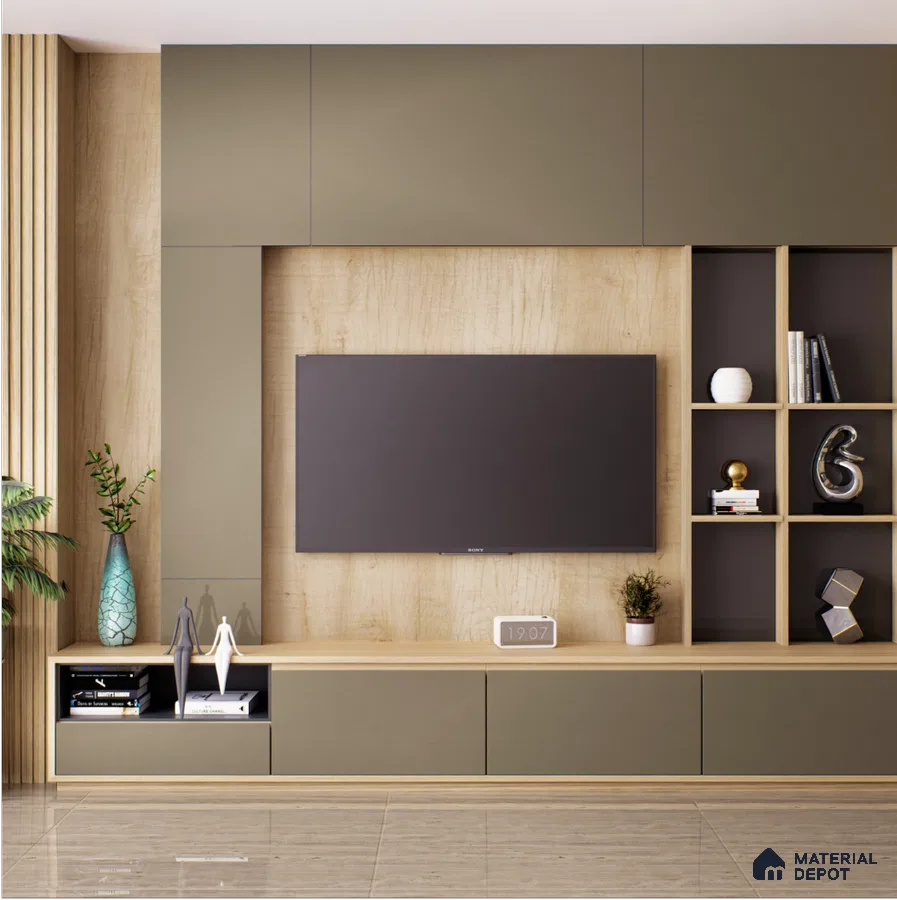 Modern TV Unit with Wooden Laminate and Open Shelving for Living Room | Material Depot