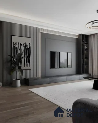 Modern Tv Wall Unit With Floating Wood Console, Dark Cabinets, And Textured Wall Panel | Material Depot