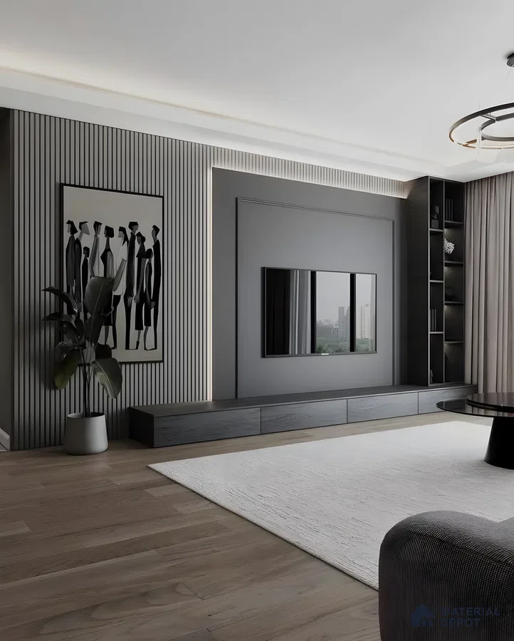 Modern Tv Wall Unit With Floating Wood Console, Dark Cabinets, And Textured Wall Panel | Material Depot