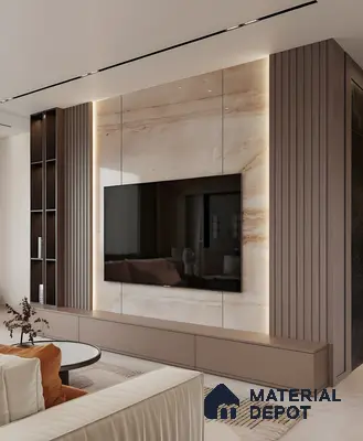 Modern TV Wall Unit with Glossy Marble Panels and Fluted Side Accents in 2BHK Purva Venezia, Yelahanka | Material Depot