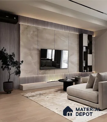 Modern Tv Wall With Beige Marble & Fluted Panel Details | Material Depot