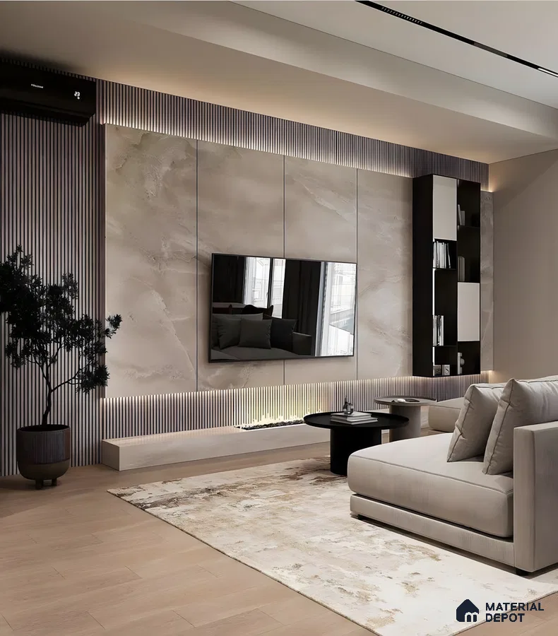 Modern Tv Wall With Beige Marble & Fluted Panel Details | Material Depot