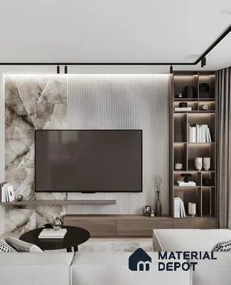 Modern Tv Wall With Textured Marble And Backlit Fluted Panels | Material Depot