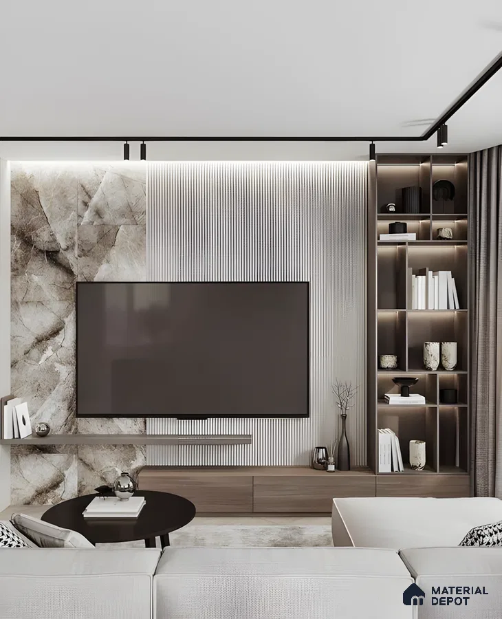 Modern Tv Wall With Textured Marble And Backlit Fluted Panels | Material Depot