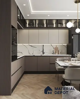 Modern Two-Tone Kitchen With Marble Backsplash And Integrated Dining | Material Depot