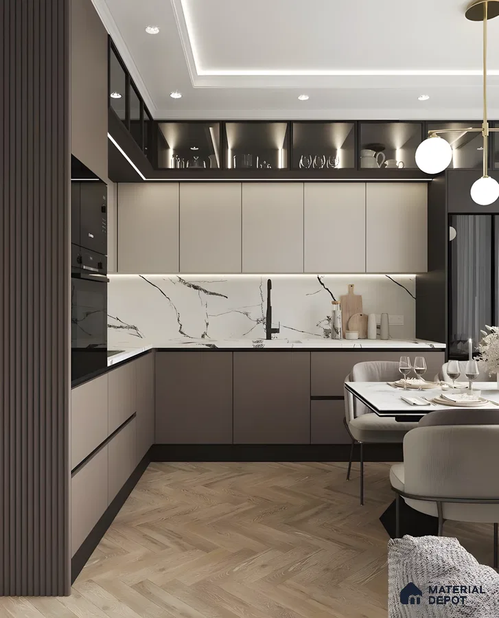 Modern Two-Tone Kitchen With Marble Backsplash And Integrated Dining | Material Depot