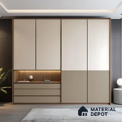 Two-Tone Wardrobe with Open Display and Warm Backlighting | Material Depot