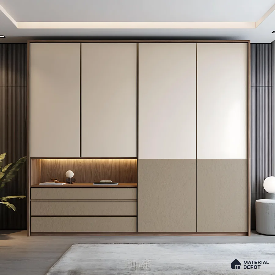 Two-Tone Wardrobe with Open Display and Warm Backlighting | Material Depot