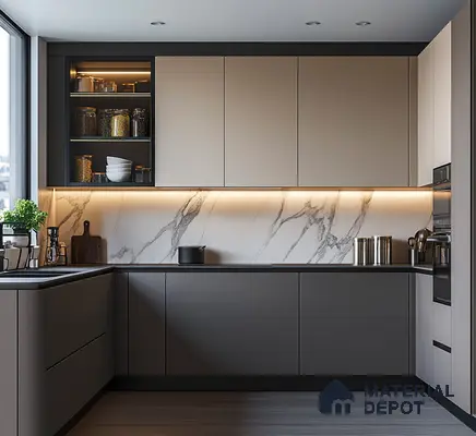 Modern U-Shaped Kitchen with Matte Cabinets and Marble Backsplash | Material Depot
