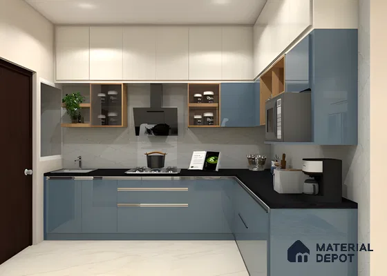 Modern U-Shaped Kitchen With Glossy Blue Cabinets And Open Shelving | Material Depot