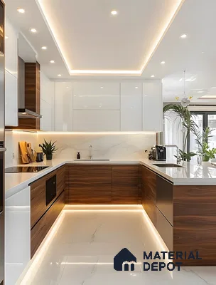 Modern U-Shaped Kitchen With White Marble And Walnut Tones | Material Depot
