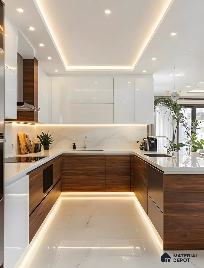 Modern U-Shaped Kitchen With White Marble And Walnut Tones | Material Depot