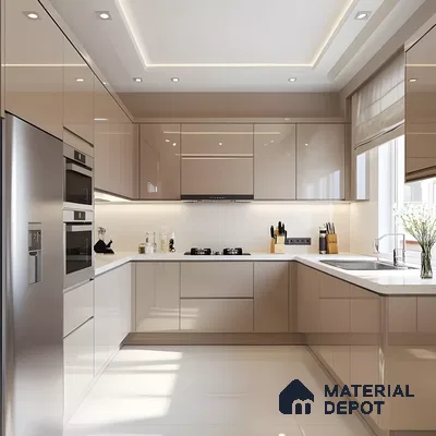 Modern U Shaped Modular Kitchen Design With Glossy Cabinets And Integrated Appliances | Material Depot