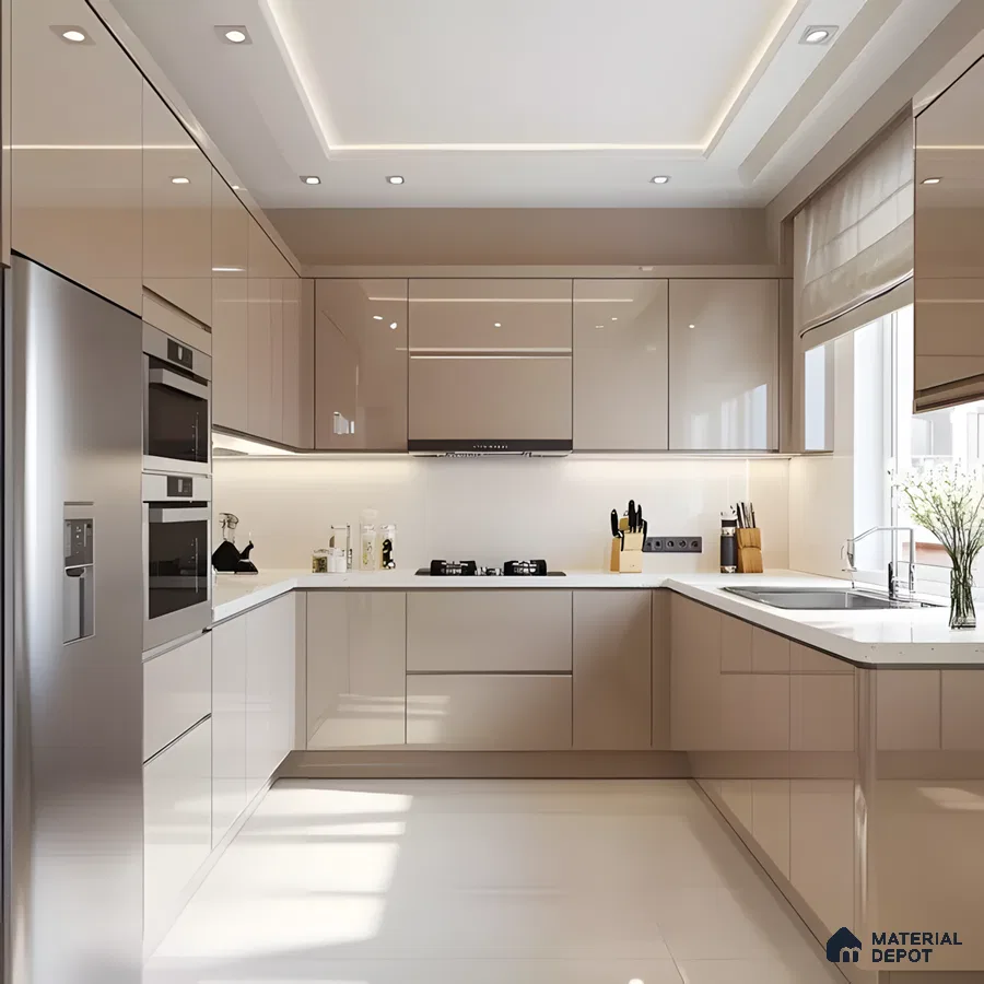 Modern U Shaped Modular Kitchen Design With Glossy Cabinets And Integrated Appliances | Material Depot