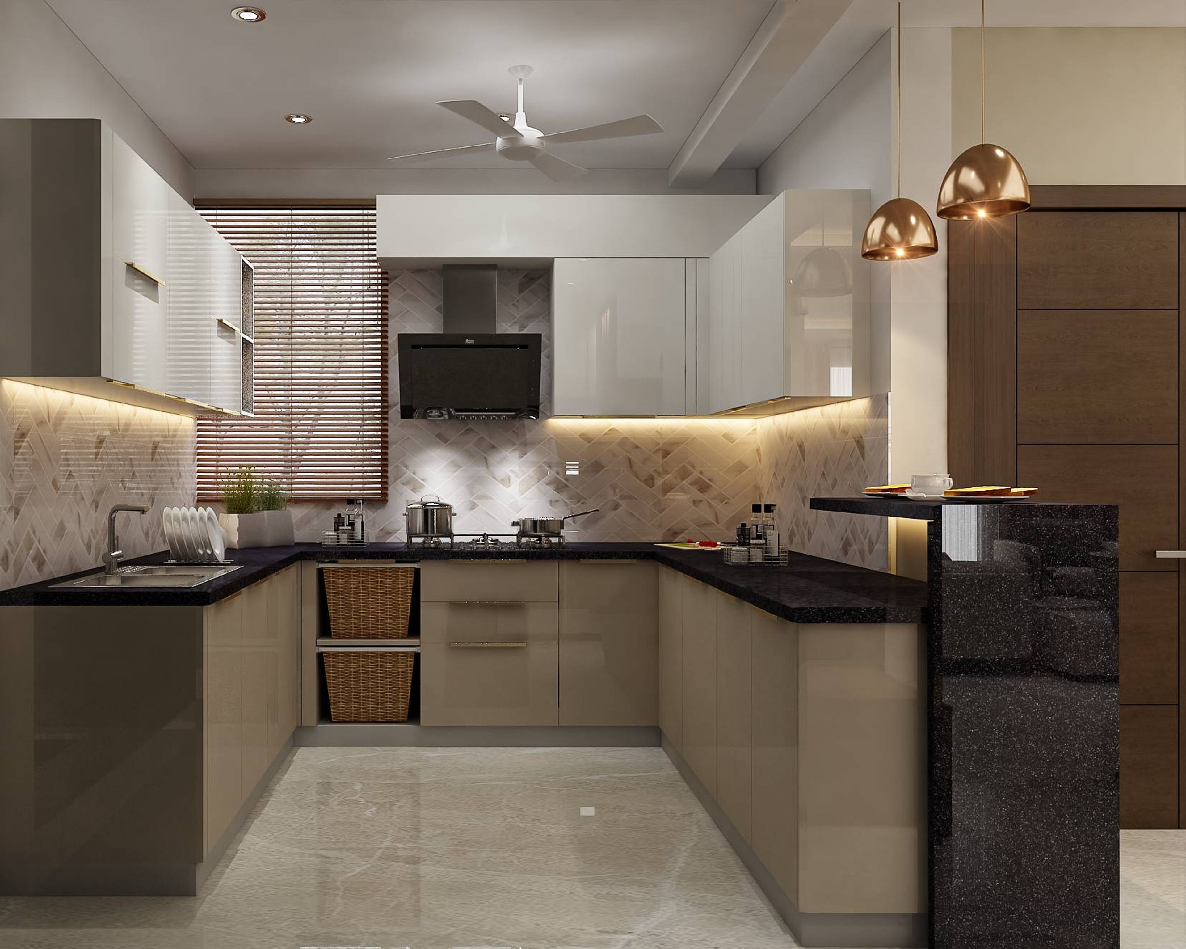 Modern U-shaped kitchen with beige and white high gloss laminate, black granite countertop, and geometric backsplash tile in Bengaluru | Material Depot