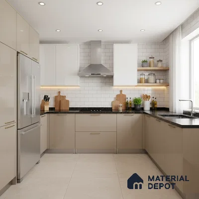Modern U-shaped kitchen with beige and white high gloss laminate, black granite countertop, and white subway tile backsplash in Bengaluru