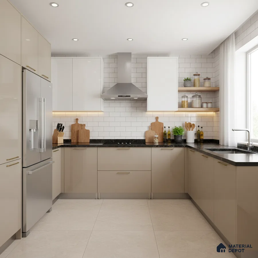Modern U-shaped kitchen with beige and white high gloss laminate, black granite countertop, and white subway tile backsplash in Bengaluru