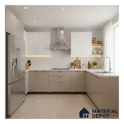 Modern U-shaped kitchen with beige and white high gloss laminate, white quartz countertop, and subway tile backsplash in Bengaluru