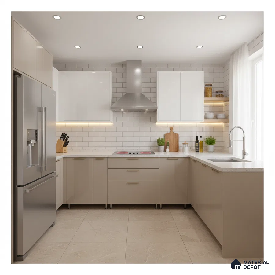 Modern U-shaped kitchen with beige and white high gloss laminate, white quartz countertop, and subway tile backsplash in Bengaluru