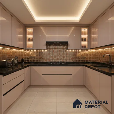 Modern U-shaped kitchen with beige high gloss laminate, black quartz countertop, and bronze mosaic backsplash tiles in Bengaluru