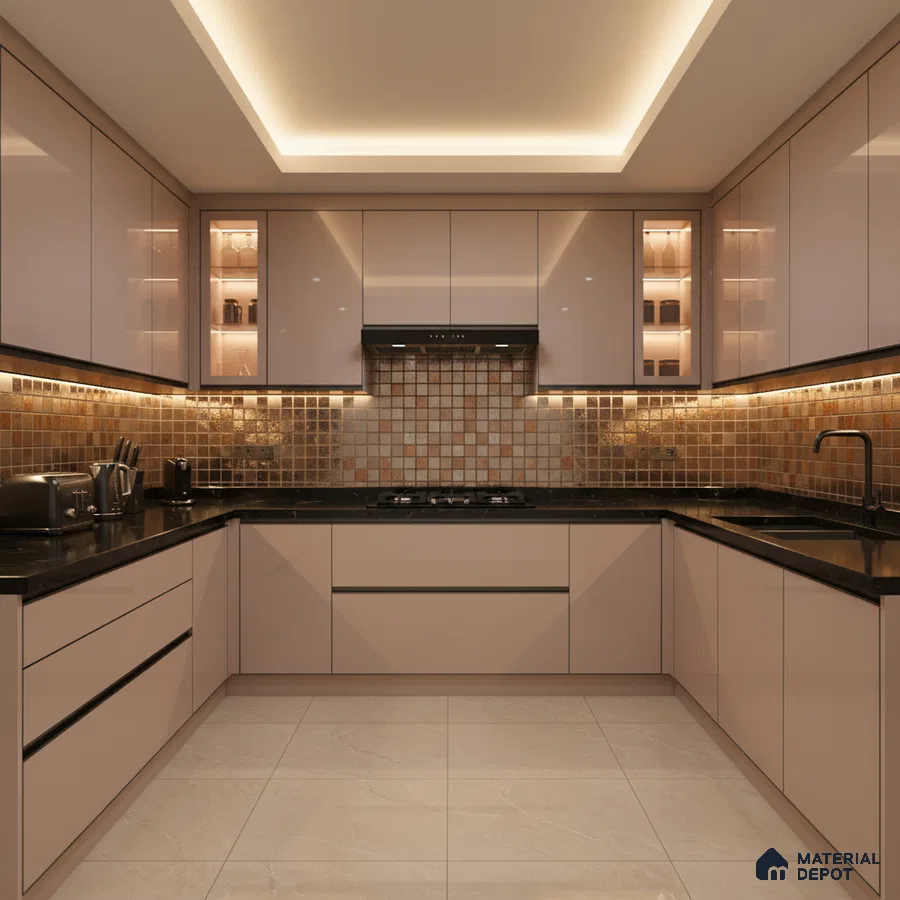 Modern U-shaped kitchen with beige high gloss laminate, black quartz countertop, and bronze mosaic backsplash tiles in Bengaluru