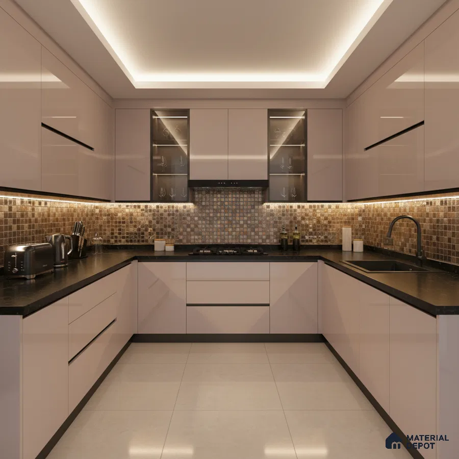 Modern U-shaped kitchen with beige high gloss laminate, black quartz countertop, and mosaic tile backsplash in Bengaluru