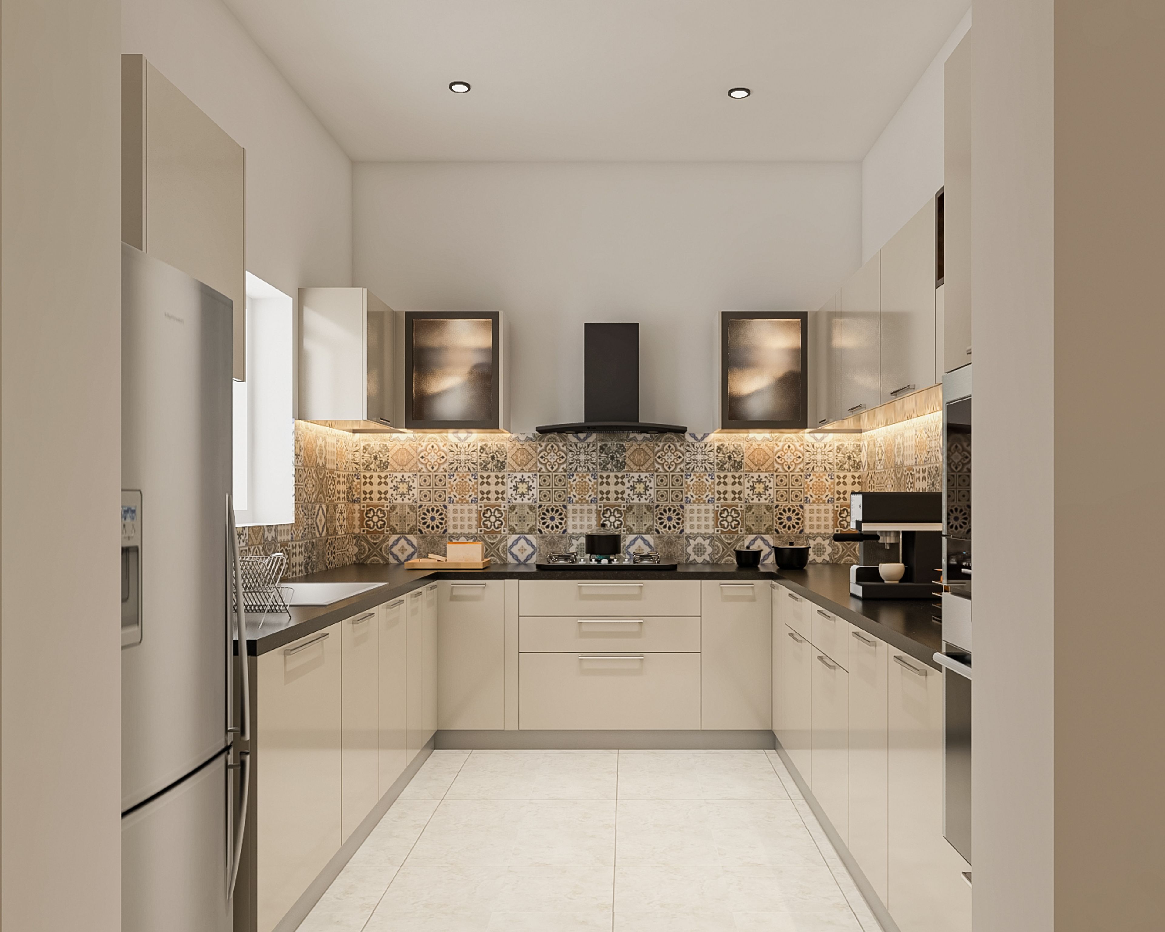 Modern U-shaped kitchen with beige laminate cabinets and patterned moroccan backsplash tiles in Bengaluru | Material Depot